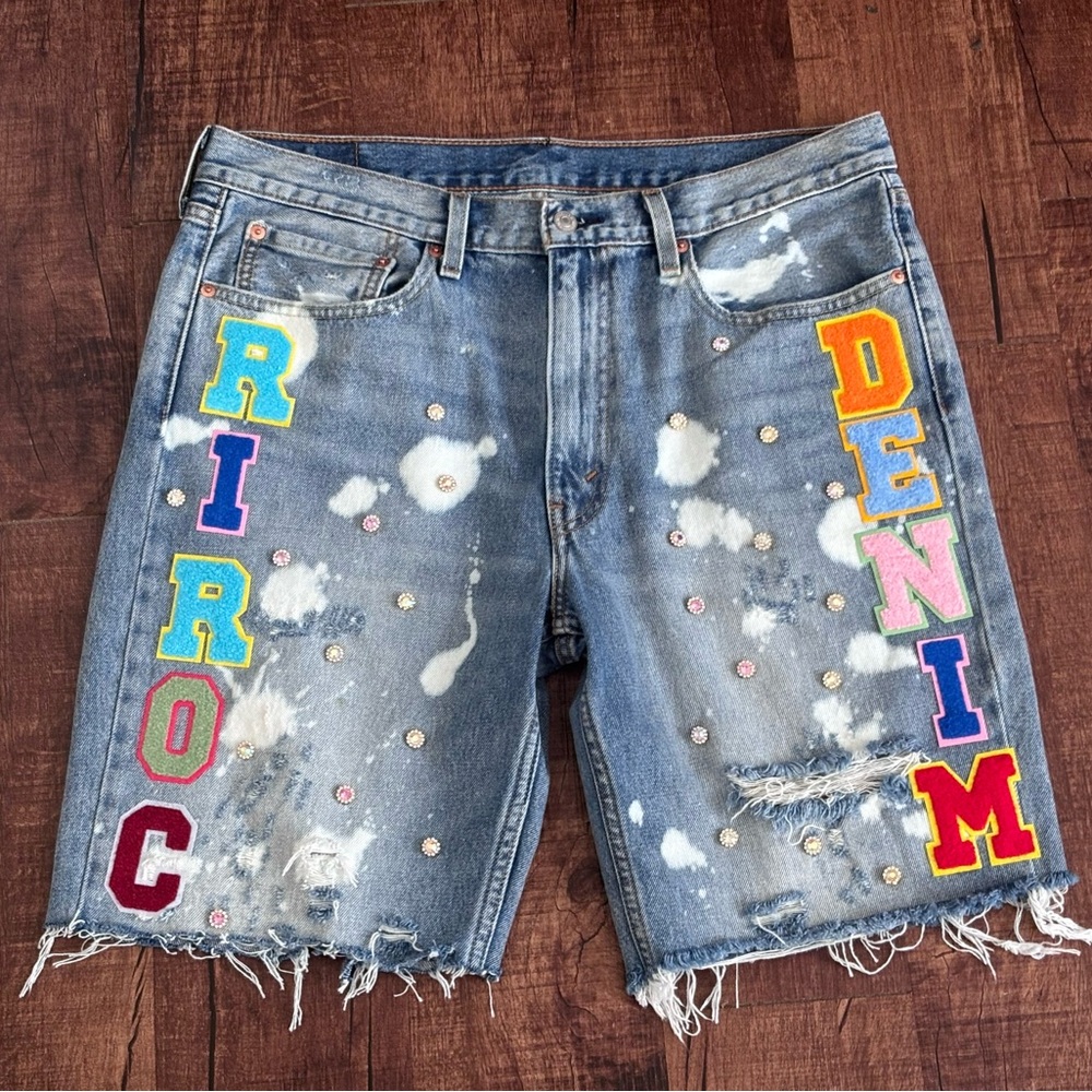 Embroidered Distressed Denim Shorts Custom made by Ri -ROC Levi’s shorts - Picture 7 of 8